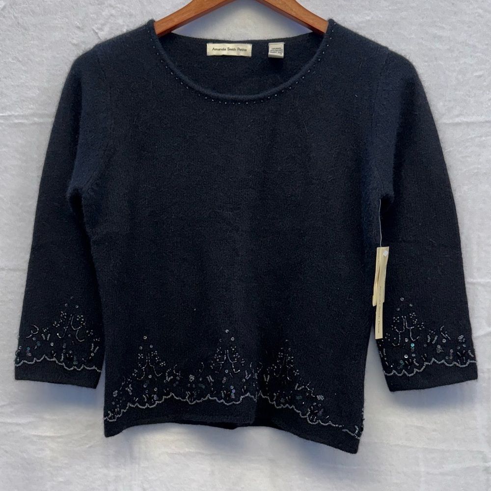 Amanda Smith Black Beaded 3/4 Sleeve Wool Angora Rabbit Hair Sweater Size PM